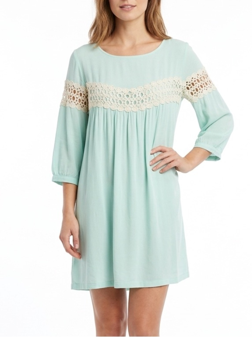 Kori Mint Green Boho Crochet Lace Yoke Tunic Shift Dress Flowy Sleeves Sz Medium